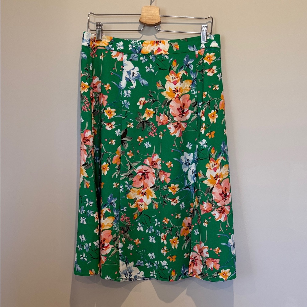 LOFT Green Floral A-Line Midi Skirt